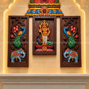 Lord Murugan wooden wall panel set painted gopuram peacock elephant