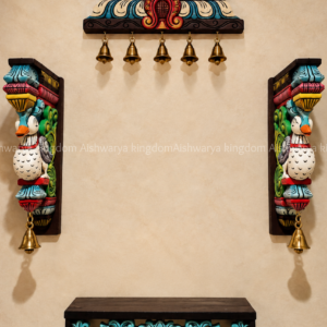 Wooden pooja room decor set hand painted gopuram peacock brackets