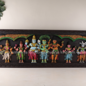 Wooden hand carved Meenakshi Thirukalyanam wall panel with hand-painted deity figures