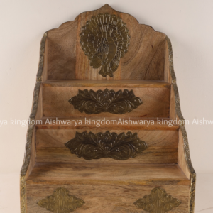 Wooden wall shelf with brass peacock design and floral brass fittings