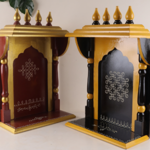 Wooden pooja mandir temple with pillars and kalasam top