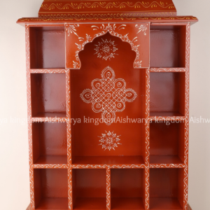 Wooden pooja mandir wall shelf with kolam design and kalasam top