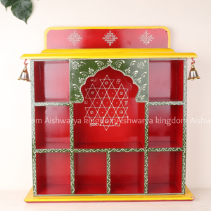 Wooden pooja mandir wall shelf with yantra design, bell attachment option available