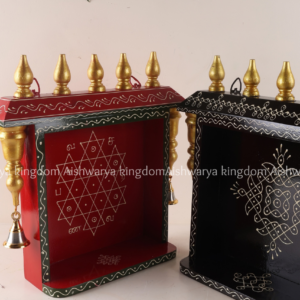 Wooden pooja mandir wall hanging in red and black with golden kalasam top