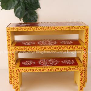 Wooden nesting table set of 3 with yellow maroon kolam design