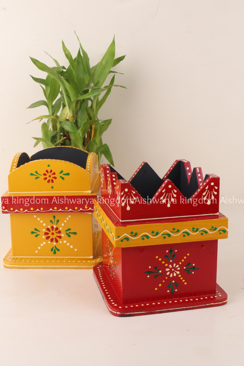 Wooden Tulasi Madam hand painted in yellow and red