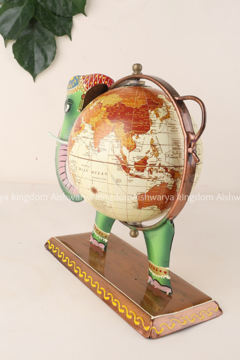 Hand painted green elephant globe showpiece with wooden base