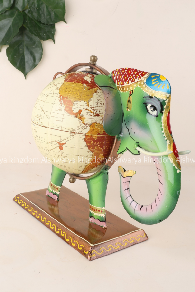 Hand painted green elephant globe showpiece with wooden base