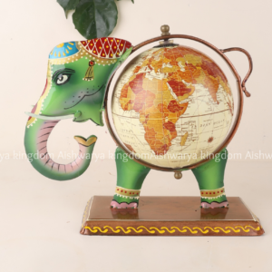 Hand painted green elephant globe showpiece with wooden base