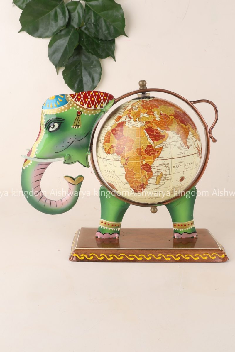 Hand painted green elephant globe showpiece with wooden base