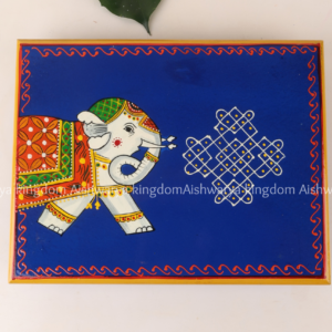 Wooden hand painted pooja stool with elephant, peacock and cow design