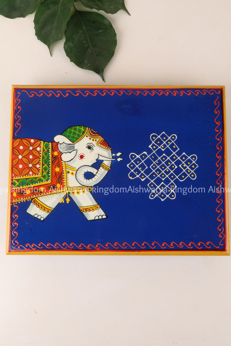 Wooden hand painted pooja stool with elephant, peacock and cow design