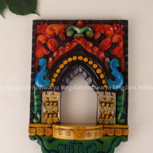 Wooden hand carved Jharoka wall shelf with multicolour hand-painted finish for idols