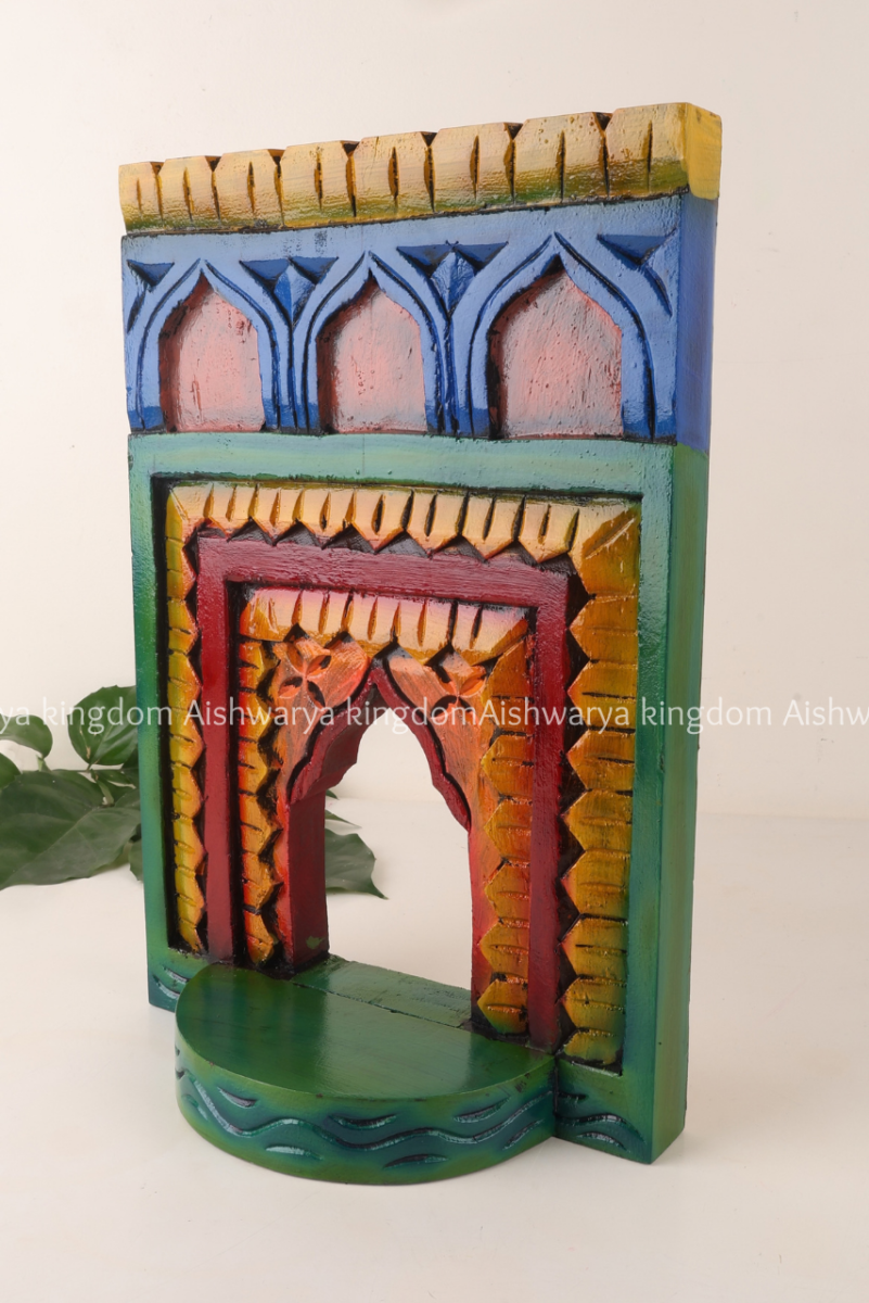 Wooden hand carved Jharoka wall decor with multicolour hand-painted finish