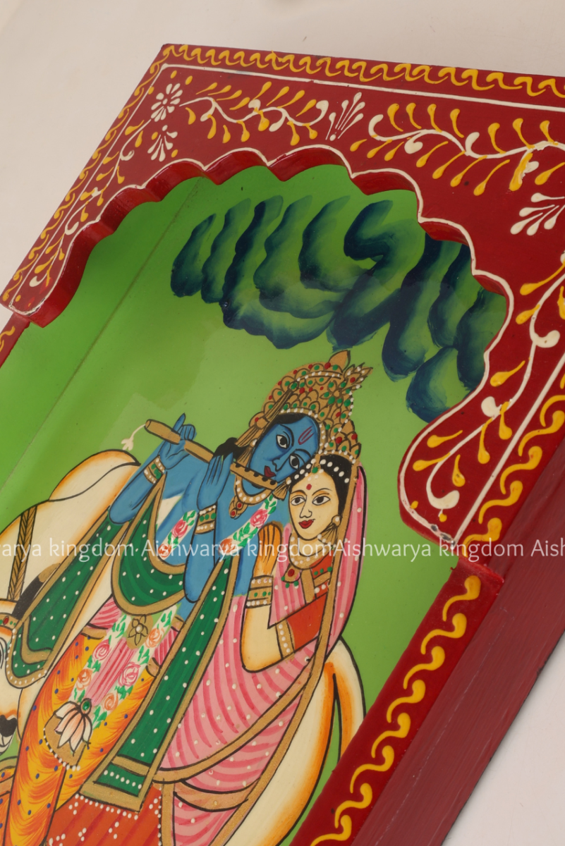 Wooden wall tray hand-painted with Radha Krishna and cow design