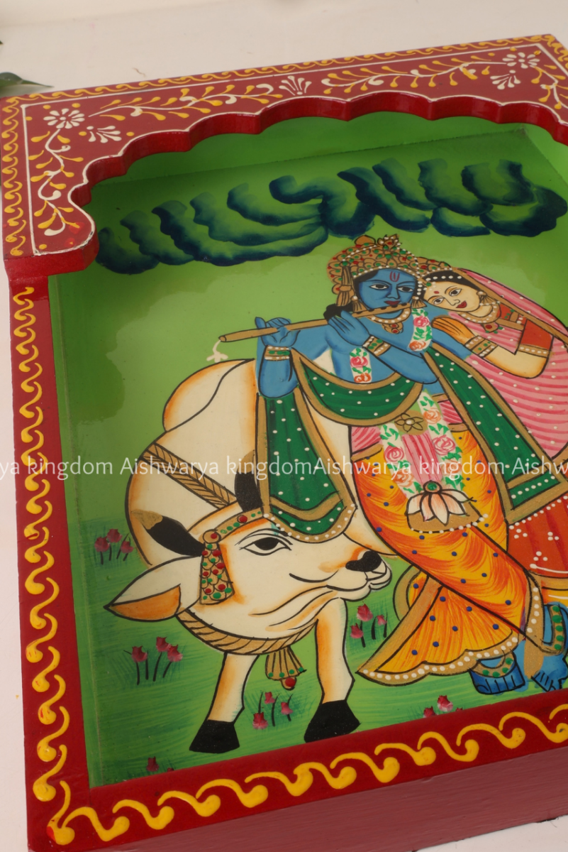 Wooden wall tray hand-painted with Radha Krishna and cow design