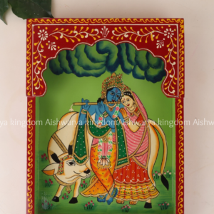 Wooden wall tray hand-painted with Radha Krishna and cow design