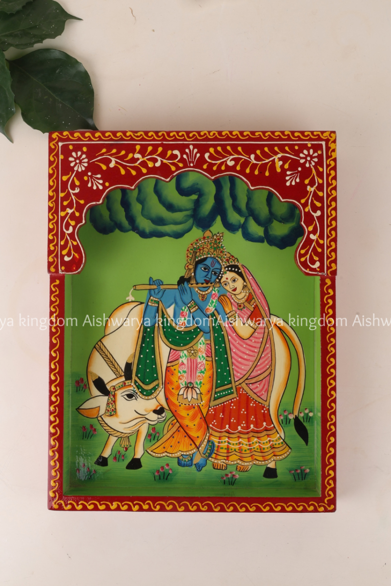 Wooden wall tray hand-painted with Radha Krishna and cow design