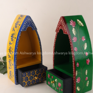 Wooden boat shape wall shelf with drawer, hand-painted floral design