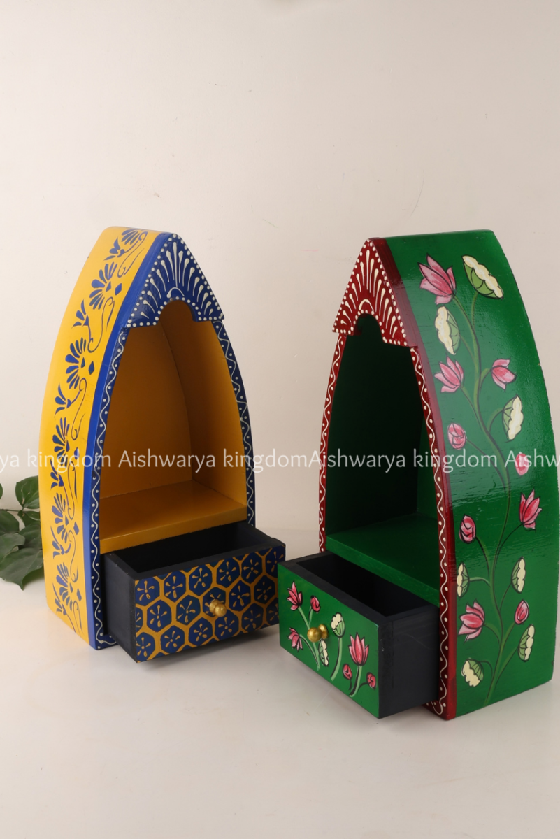 Wooden boat shape wall shelf with drawer, hand-painted floral design