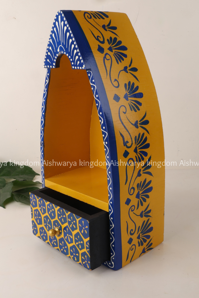 Wooden boat shape wall shelf with drawer, hand-painted floral design