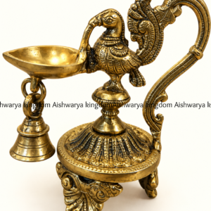 Brass peacock lamp with bell Mayil vilakku with hanging bell and curved handle