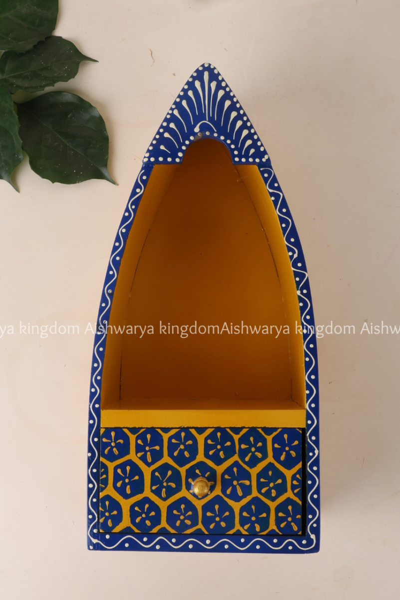 Wooden boat shape wall shelf with drawer, hand-painted floral design