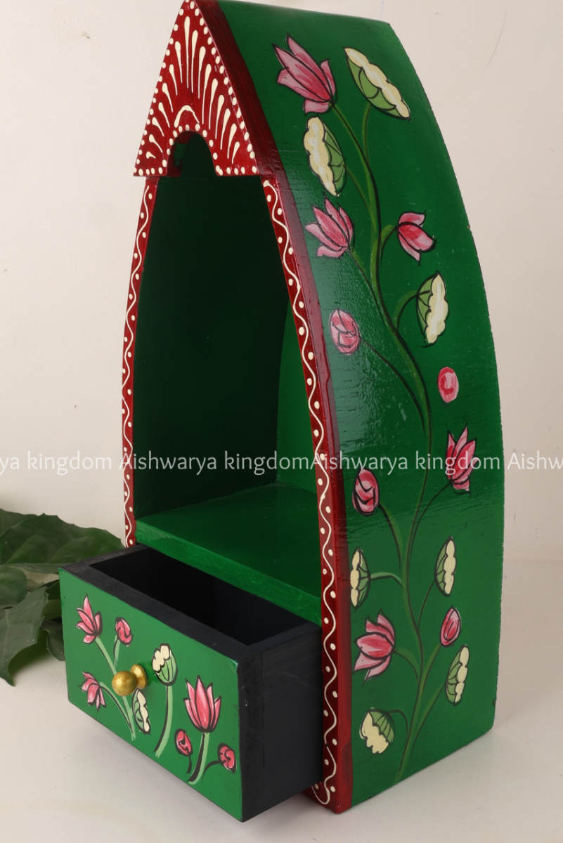 Wooden boat shape wall shelf with drawer, hand-painted floral design