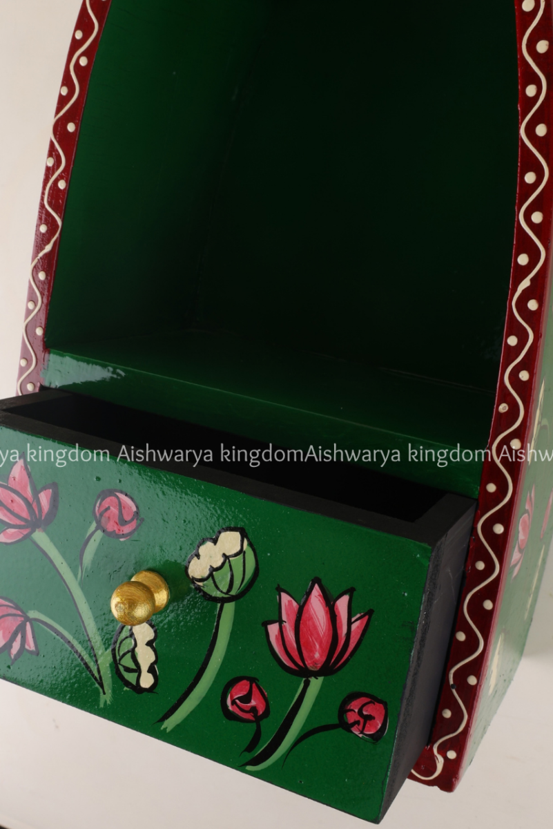 Wooden boat shape wall shelf with drawer, hand-painted floral design