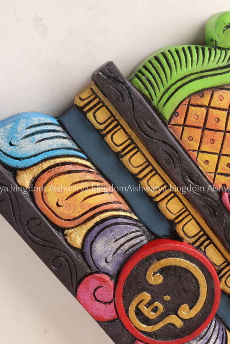 Wooden hand carved Gopuram wall shelf with multicolour hand-painted lotus design