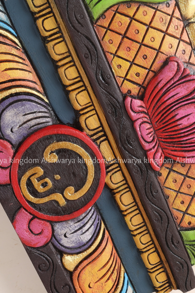 Wooden hand carved Gopuram wall shelf with multicolour hand-painted lotus design