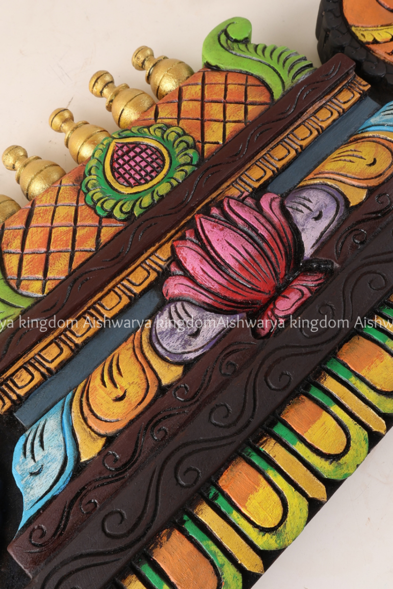 Wooden hand carved Gopuram wall shelf with multicolour hand-painted lotus design