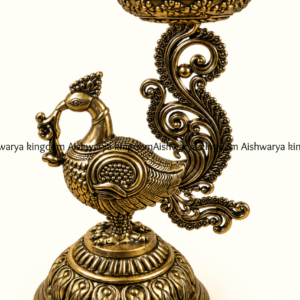 Brass peacock diya Mayil vilakku standing oil lamp with carved tail and deep bowl