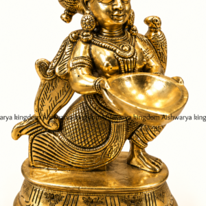 Brass kneeling Deepalakshmi lady holding diya with parrot on shoulder