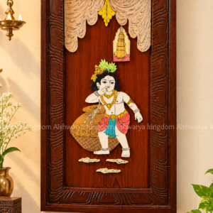 Wooden Baby Krishna wall panel with butter pot artwork and intricately carved wooden frame