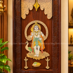 Wooden Lord Murugan wall panel with peacock design, traditional artwork and carved wooden frame