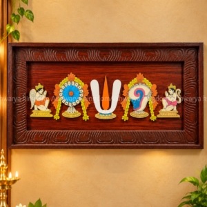 Wooden Vishnu Namam wall panel with Shanku Chakra symbols and traditional Vaishnava artwork