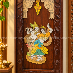 Wooden Radha Krishna dancing wall panel with colourful artwork and carved wooden frame