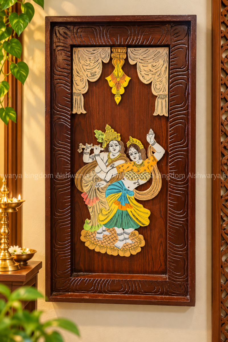 Wooden Radha Krishna dancing wall panel with colourful artwork and carved wooden frame