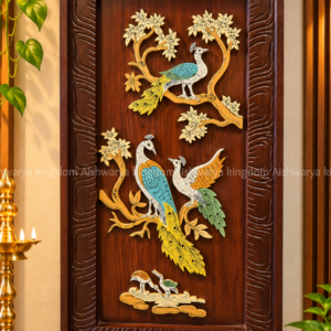 Wooden peacock wall panel featuring colourful peacocks on decorative trees with a carved wooden frame