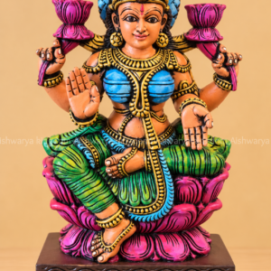 Wooden Lakshmi statue sitting on lotus hand painted