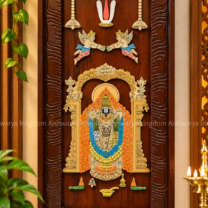 Wooden Tirupati Balaji wall panel with temple arch, decorative Thirunamam and traditional devotional artwork