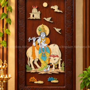 Wooden Lord Krishna playing flute with cows wall panel featuring colourful artwork and a carved wooden frame
