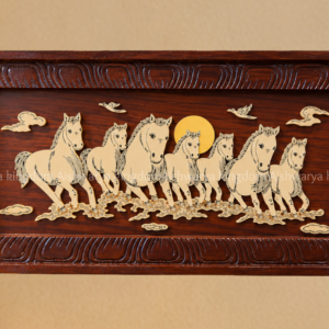 Wooden seven horses wall panel featuring a traditional horse design and carved wooden frame