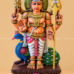 Wooden Murugan statue standing with vel and peacock hand painted