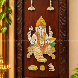 Wooden sitting Ganesha wall panel with traditional artwork, decorative offerings and carved wooden frame