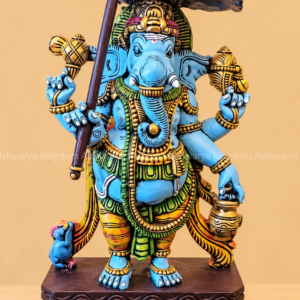 Wooden Ganesha with umbrella statue blue hand painted