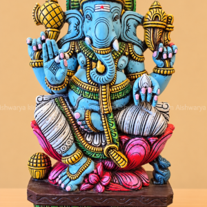 Wooden Vinayagar statue blue sitting on lotus hand painted