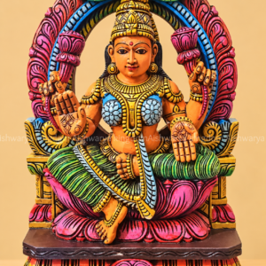 Wooden Mahalakshmi statue with arch sitting on lotus hand painted