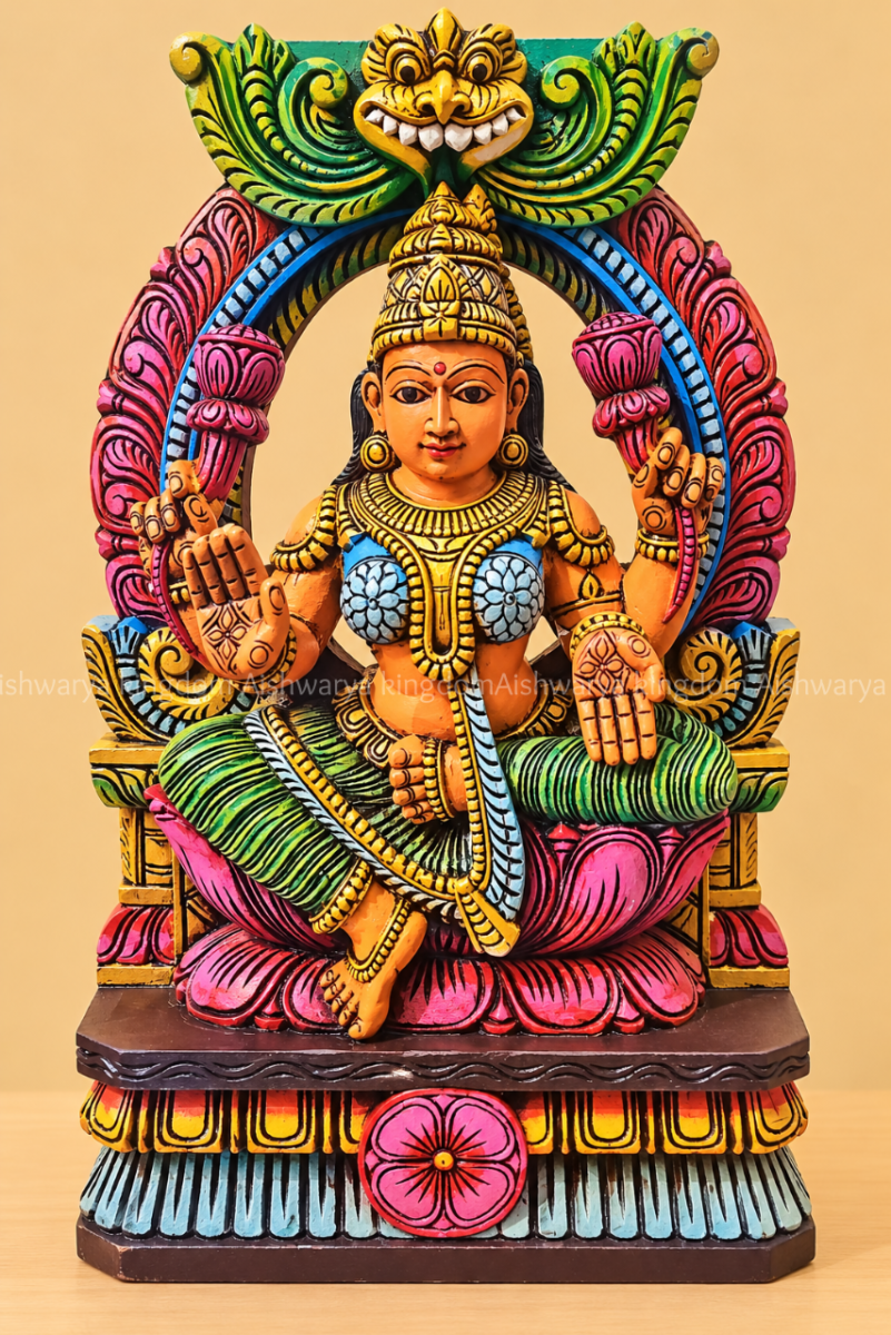 Wooden Mahalakshmi statue with arch sitting on lotus hand painted